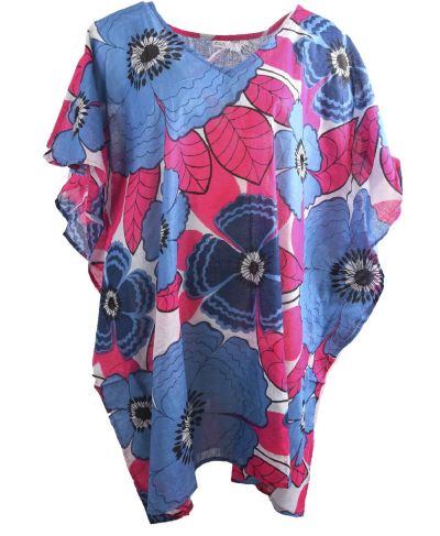 Korte kaftan met bloemenprint in hardroze en blauw