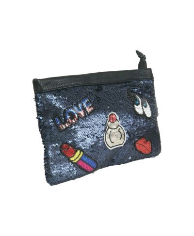 Staalblauwe pailletten clutch met patches
