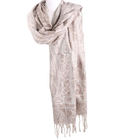 Pashmina sjaal/omslagdoek in lichtbeige met geweven paisley