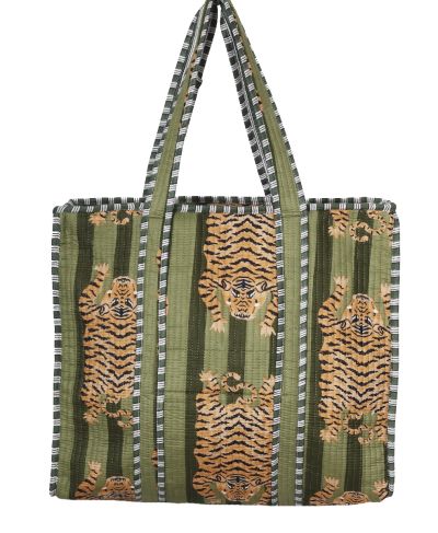 Gewatteerde schoudertas/shopper in groen met tijgerprint