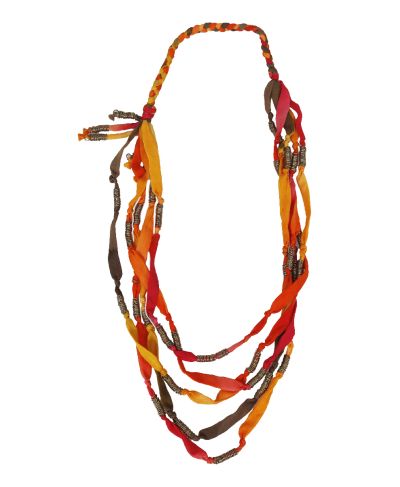Lange stoffen ketting met kleurverloop en metalen ringetjes