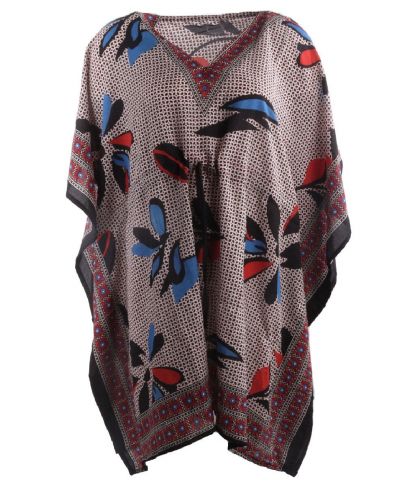 Korte kaftan met bloemenprint in blauw en donkerrood