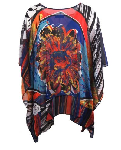 Rood-kobaltblauwe crêpe voile tuniek met grote bloem