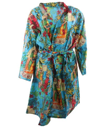 Turquoise katoenen kimono met Frida Kahlo print