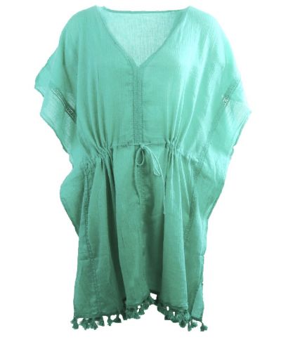 Korte katoenen kaftan in zeegroen met V-hals