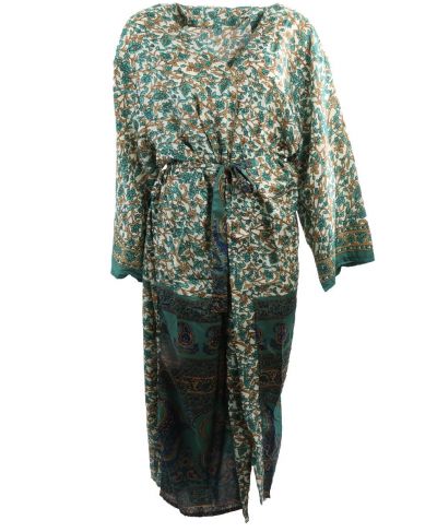 Lange zijde-blend kimono met bloemenprint in zeegroen