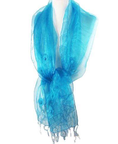 Donker turquoise organza stola met bloemetjes