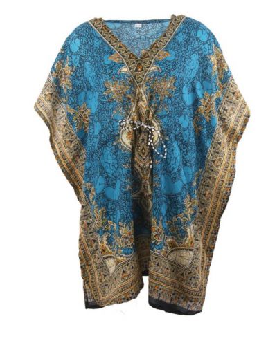 Turquoise tuniek met paisley print en V-hals