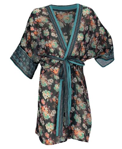 Zwarte voile kimono met bloemenprint