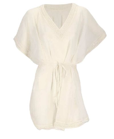 Korte voile kaftan in ecru met V-hals
