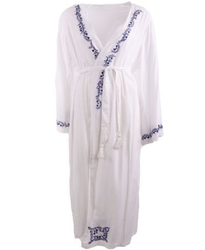 Lange kimono in wit met geborduurde ornament