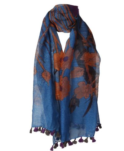 Wol-zijde in turquoise sjaal met bloemenprint