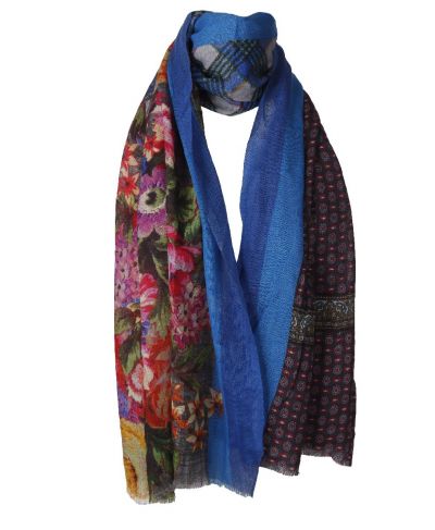 Wol-zijde sjaal met bloemen- en ruitprint