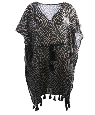 Korte kaftan met zebraprint en kwasten franje