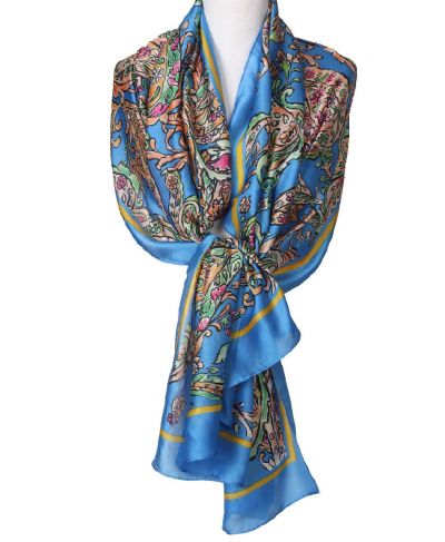 Zijde-blend sjaal in hemelsblauw met paisley print 