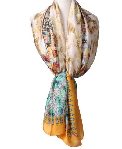 Zijde-blend sjaal in warmgeel met mixed print