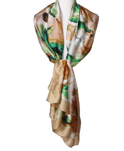 Zijde-blend sjaal met aquarel bloemenprint in goud en groen