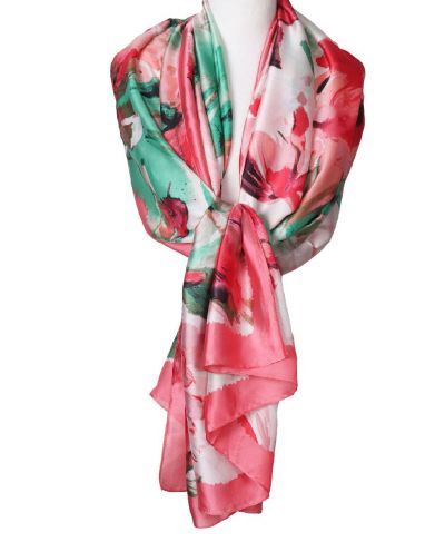 Zijde-blend sjaal met aquarel bloemenprint in koraalroze