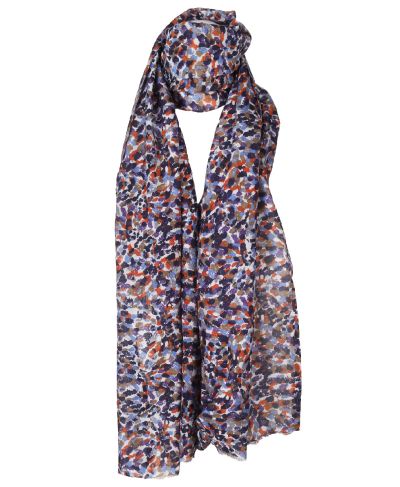 Zijde-katoenen sjaal met abstracte print – donkerblauw, paars & oranje