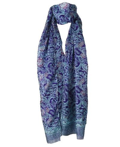 Zijden sjaal in blauw met geïllustreerde bloemenprint