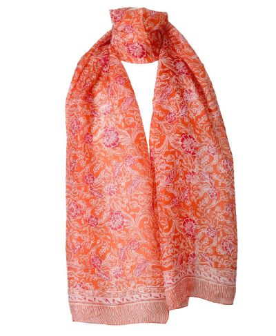 Zijden sjaal in oranje met geïllustreerde bloemenprint