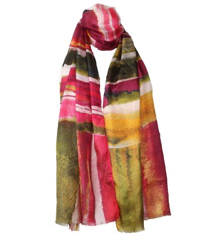 Zijden sjaal met abstracte print in roze en groen