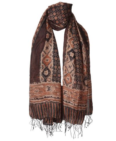 Zijden sjaal met mixed print in cognac en zwart