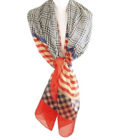 Zijden sjaal/stola met Pied-de-poule print in donkerblauw