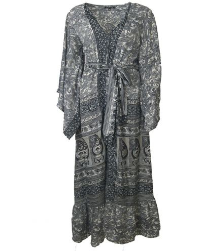 Zijde-blend lange kimono met klokmouwen in zwart en grijs