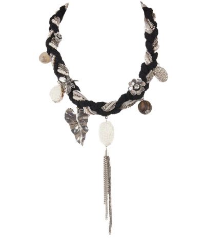 Zwarte ketting van koorden en kettinkjes, bedels, kralen en steentjes