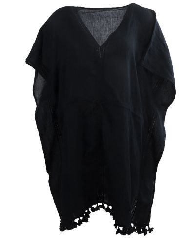 Katoenen korte kaftan in zwart met V-hals