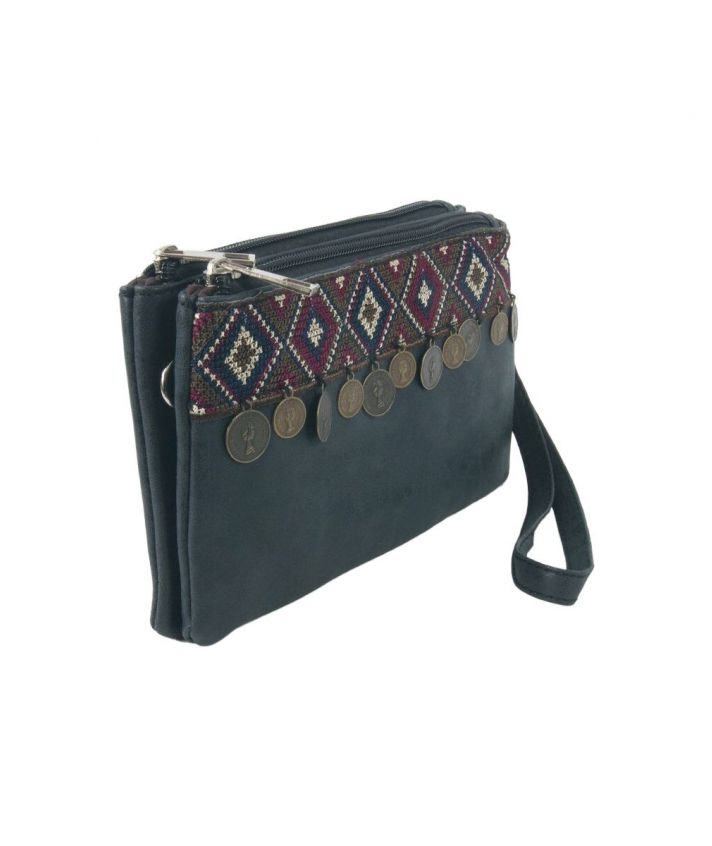 Antracietgrijze leren clutch / reisetui afgewerkt met muntjes