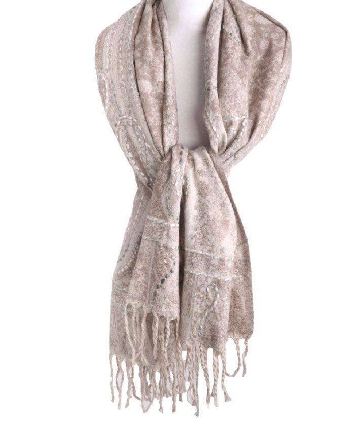 Pashmina sjaal/omslagdoek in lichtbeige met geweven paisley
