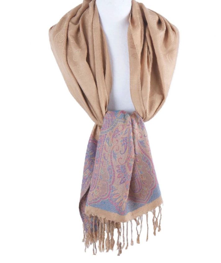 Beige pashmina sjaal met geweven paisley in lichtblauw