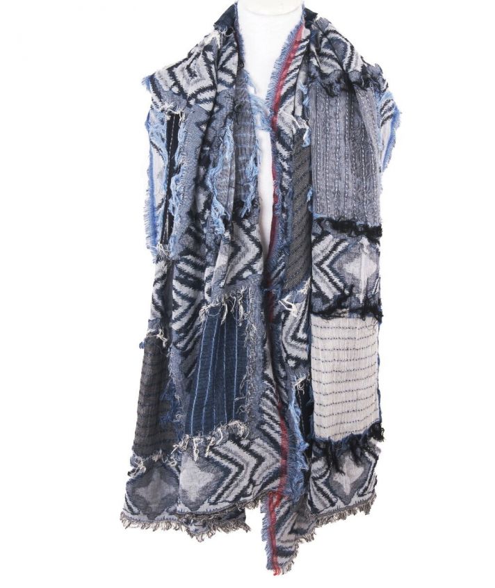 Dubbeldoeks franje sjaal in tinten denimblauw