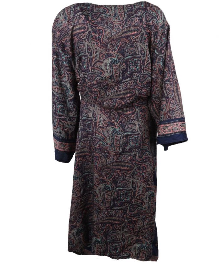 Lange donkerblauwe zijde-blend kimono met paisley print in roze