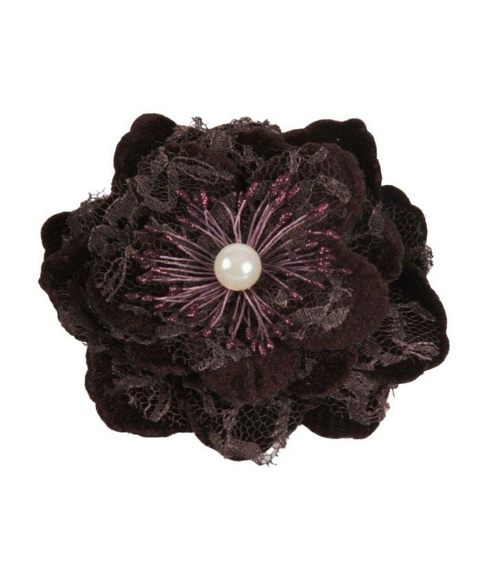 Bruine haarbloem / broche van fluweel en kant