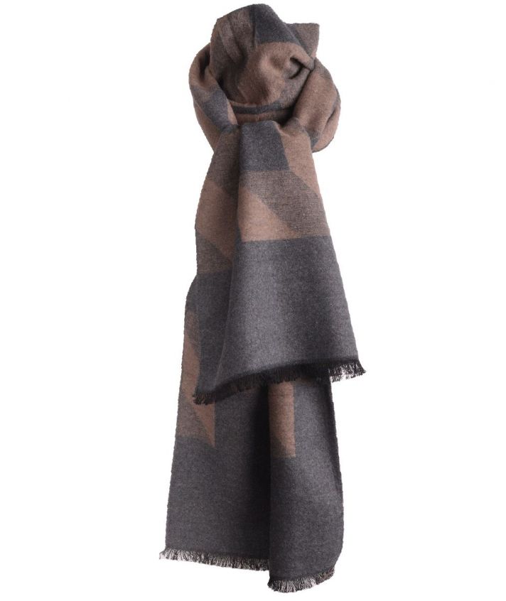 Zachte wol-blend sjaal in taupe met grafische print