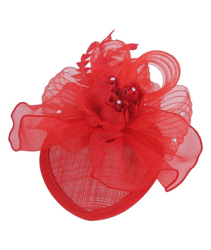 Corsage in rood met rozen, veertjes en strass