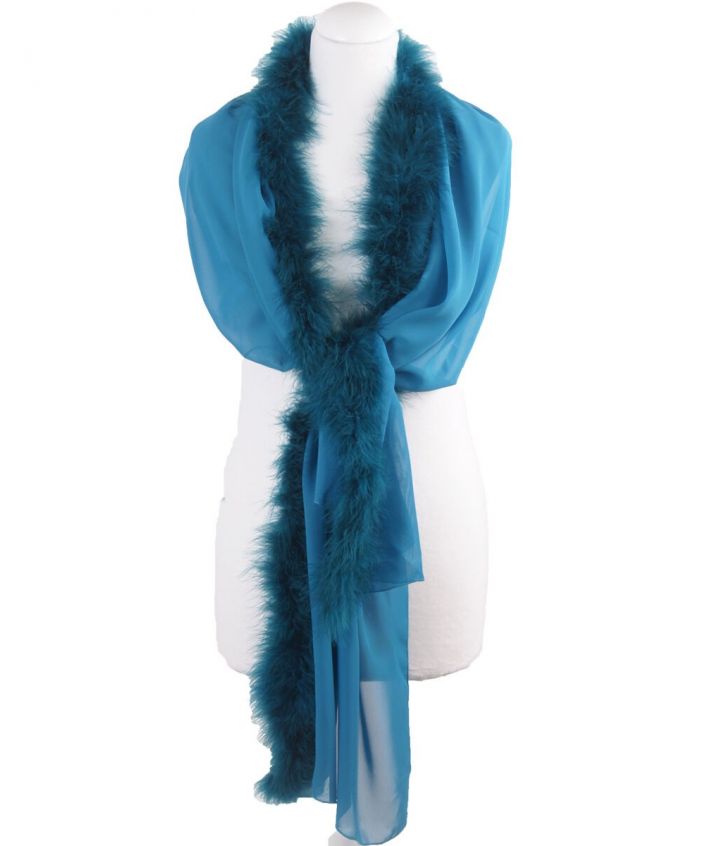 Donker turquoise crêpe voile stola met maraboe veren rand