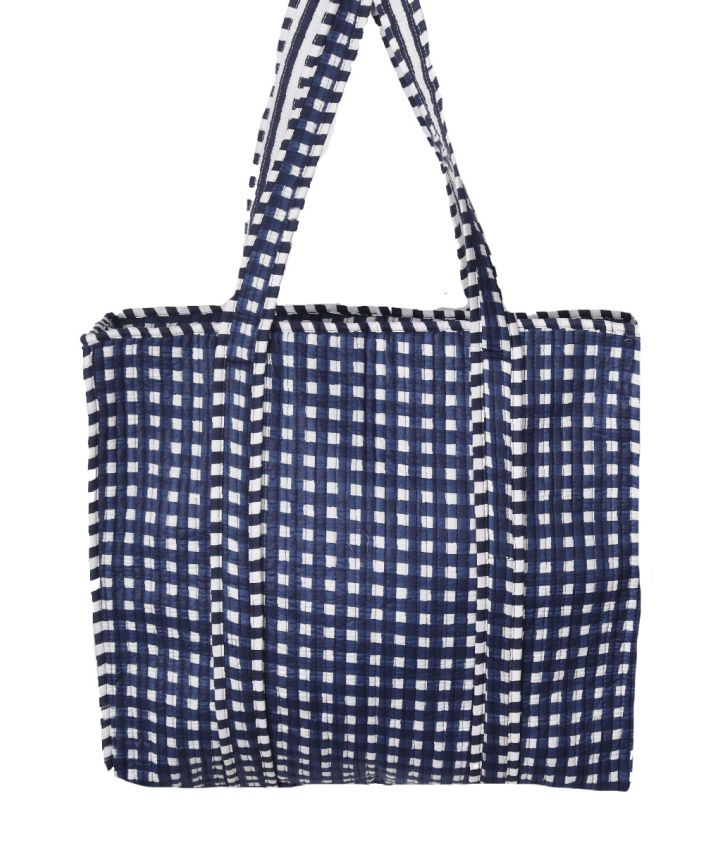 Gewatteerde schoudertas/shopper met ruitjes in donkerblauw