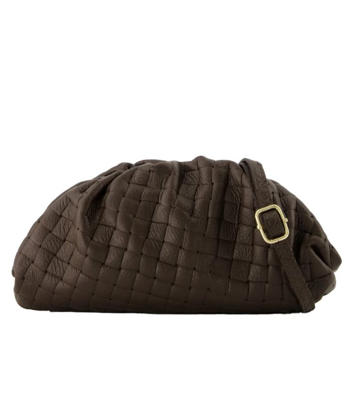 Leren gevlochten crossbody clutch in donker bruin