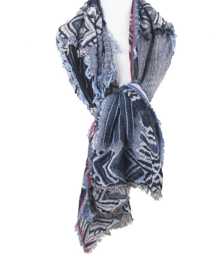 Dubbeldoeks franje sjaal in tinten denimblauw