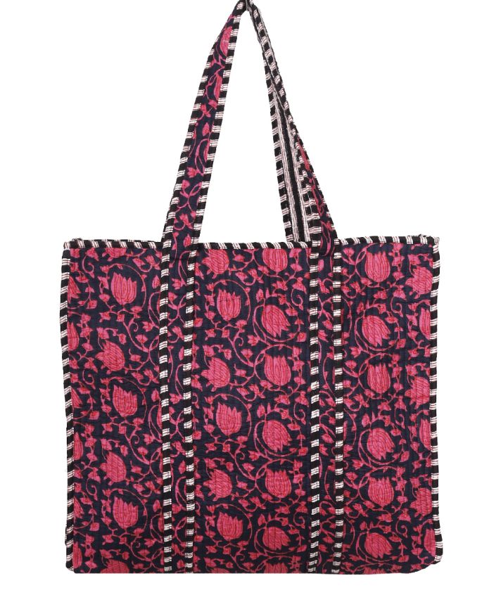Gewatteerde schoudertas/shopper in donkerblauw met roze
