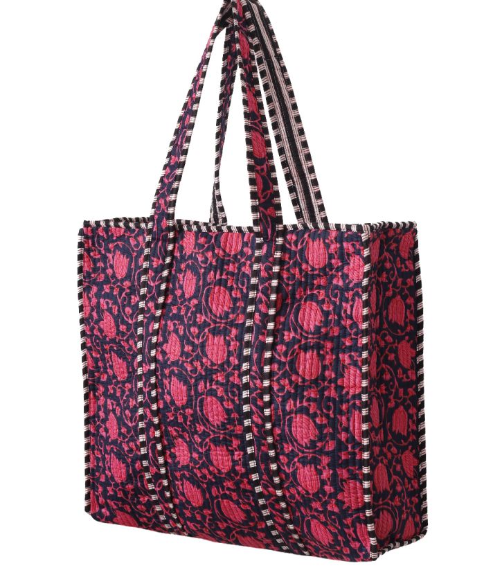 Gewatteerde schoudertas/shopper in donkerblauw met roze