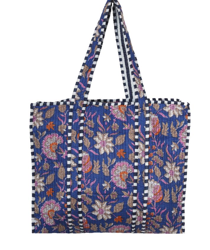 Gewatteerde shopper in donkerblauw met bloemenprint