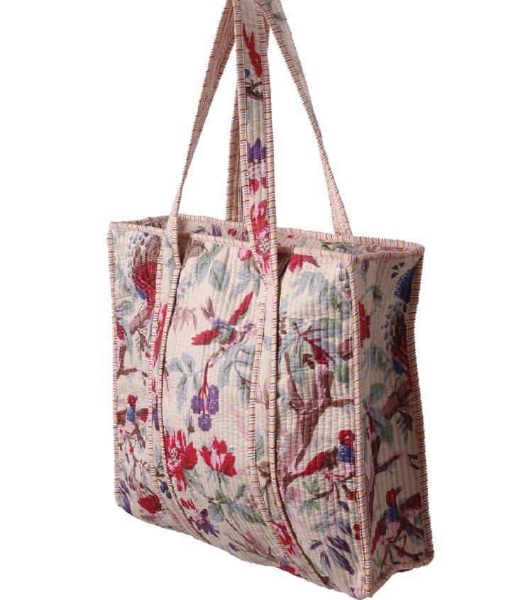 Gewatteerde schoudertas/shopper in lichtbeige met vogelprint 