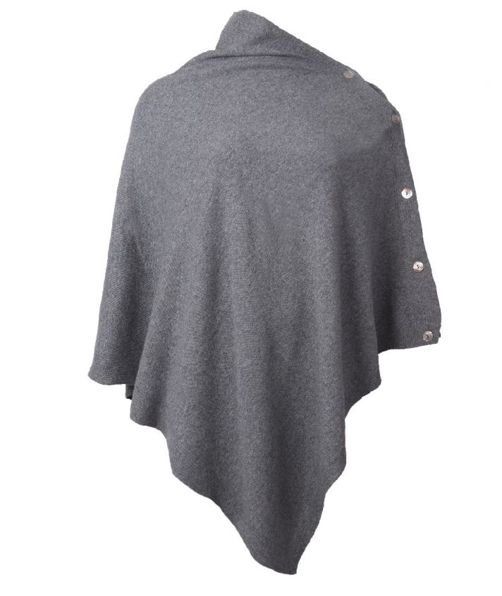 Kasjmier-blend poncho in grijs met knopen