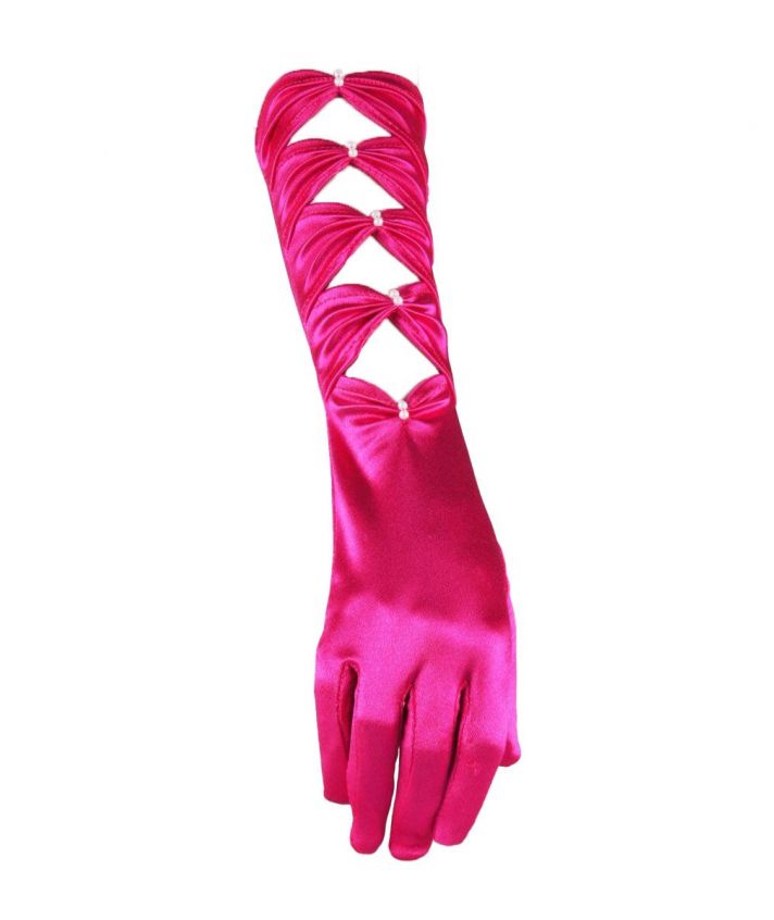 Halflange hot pink satijnen avondhandschoenen met strikken