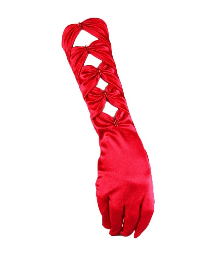Halflange rode lycra satijnen avondhandschoen met strikken